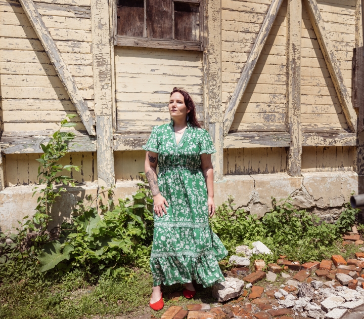 Emily Jarnot in front of Vaux Barn