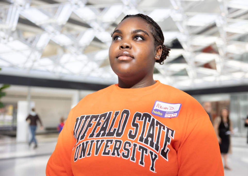Buffalo State student inside the AKG Art Museum